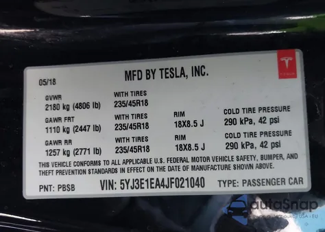 2018 Tesla Model 3 Long Range/Mid Range из США, поврежденный, VIN 5YJ3E1EA4JF021040